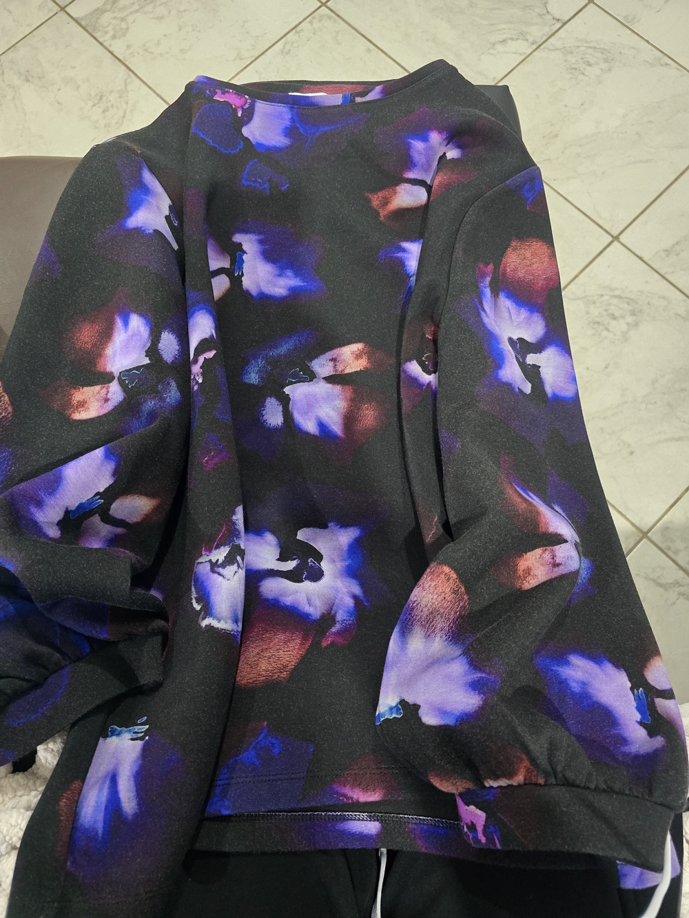 Chico's Black Floral-Print Long Sleeve Top with Purple & Rust Accents